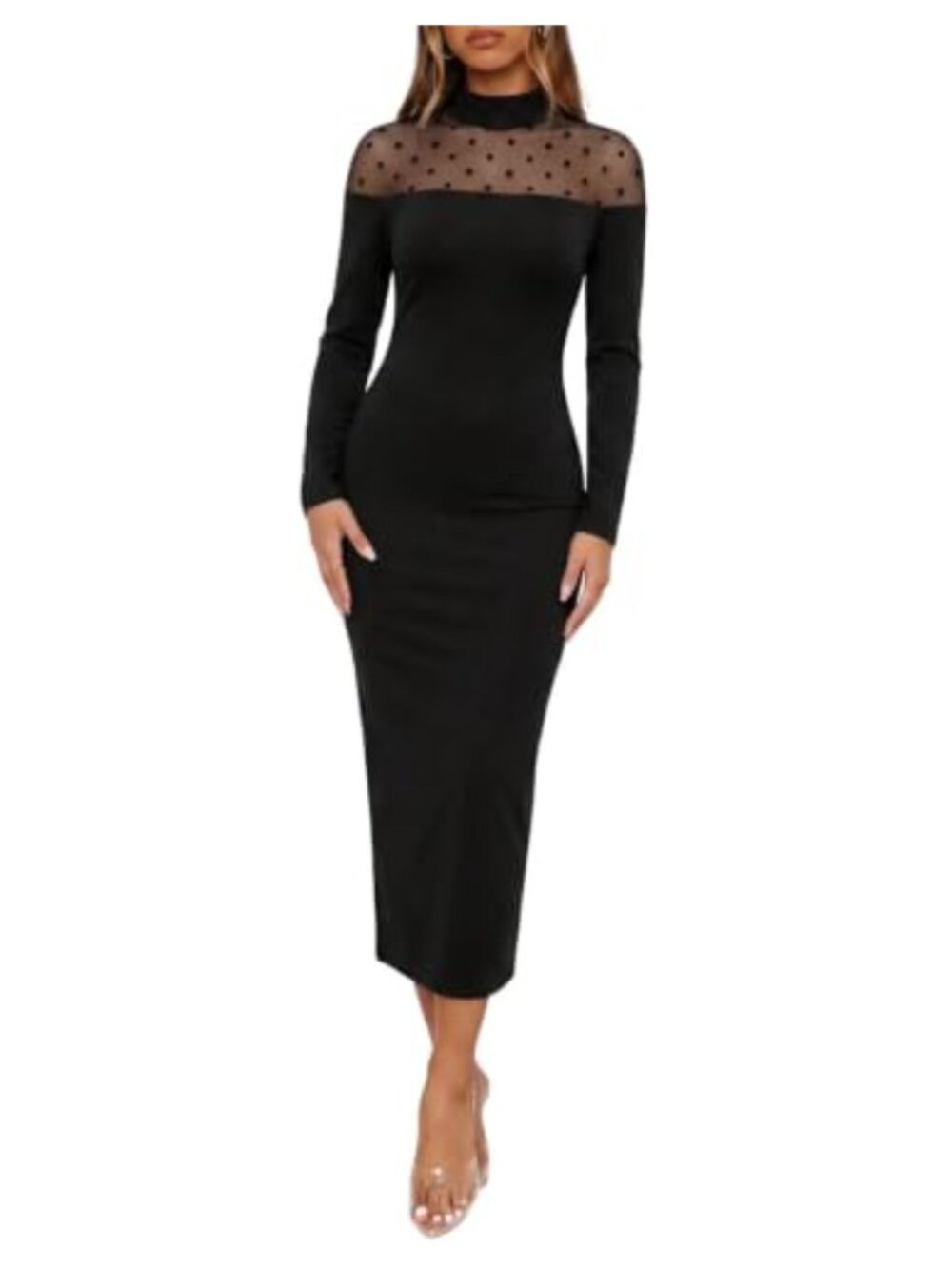 Flocked Polka Dot Sheer Mesh Mock Neck Long Sleeve Ribbed Knit Midi Dress
